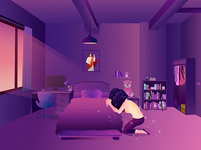 Prayer bear bed bookshelf christ creative girl gradient illustration illustrations jesus christ light night prayer purple room wardrobe window