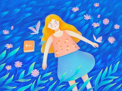 A person's time flower girl graphical grassland illustrations read a book tunan