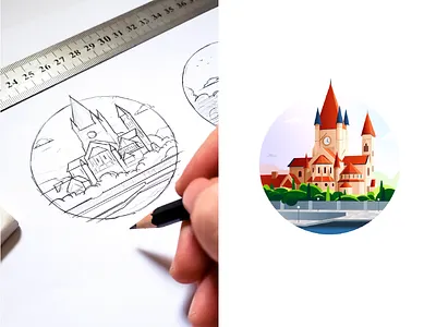 Church Illustration - St. Francis of Assisi, Veinna architecture church color palette drawing illustration landscape process sketch