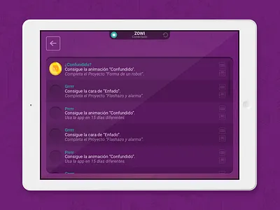 Zowi App app control design game game art happy illustration purple robot ui ux vector