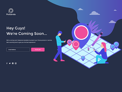 Coming soon landing page animation coming soon page design flat illustration landing page location map map pins nearby ui vector website