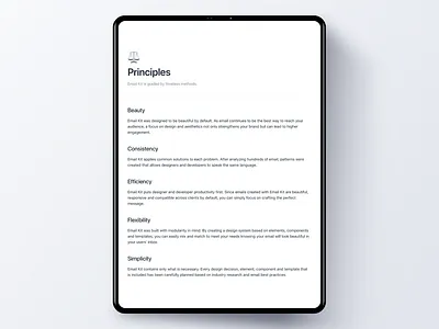 Design System Principles for Email Kit design system docs documentation email email design emailkit guidebook minimal minimalist style guide tablet vouchful