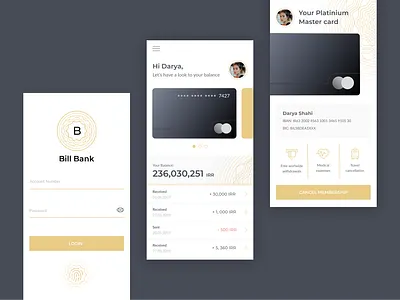 Bill Bank app app bank brand identity branding card creditcard dailyui design gold icons login logo money profile ui