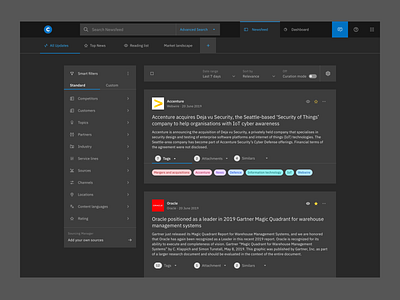 Market Intelligence Platform by Contify · Newsfeed · Night mode app competitive intelligence dark app dark theme dark ui flat market intelligence news app news feed newsfeed ui ui ux user experience user experience design user inteface user interface user interface design ux ux design web application