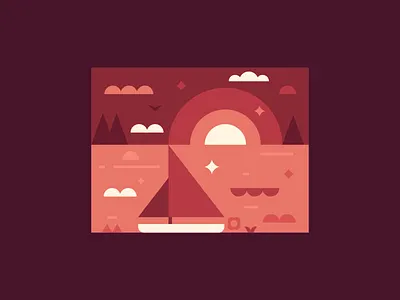 Lonely boat bird boat clouds design evening graphic design illustration lake lonely nature sun sunset tree vector