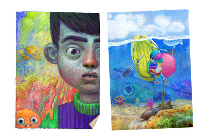 Deep Blue blue book illustration boy illustration mixed media picture book portrait seaworld submarine texture underwater watercolor