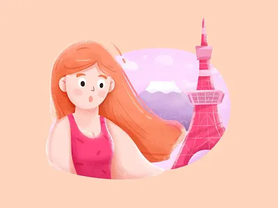 Woman on the Tokyo Tower character character designs cute design girl illustration ipad pro ipadpro japan mount fuji people tokyo tokyo tower woman women