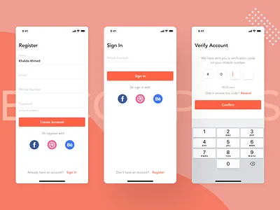 Sign In & Register Screens confirm login login screen otp register sign in sign up signin signup socialmedia uidesign