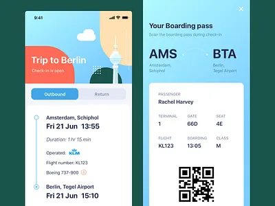 Daily UI Boarding Pass amsterdam boarding boarding pass daily ui dailyui flat flight flight app illustration qrcode ui ui design
