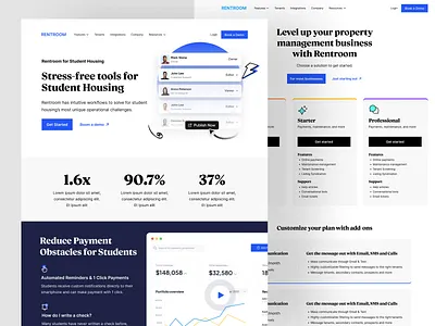 Rentroom property management web design clean design housing landing page management minimal property rent saas software startup student tool ui visual identity web webdesign webflow webpage website