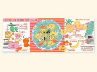 Food Illustration | Summertime grilled fruit salad abstract ananas banana bright colors colorful design diet food food illustration fruits illustration milica golubovic orange peanut peanut butter plate retro salad salads summertime