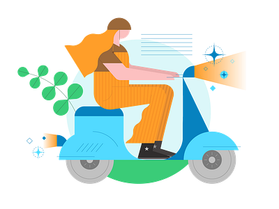 🛵🏍 character circle converse girl glow graphic green helmet illustration light line motorbike motorcycle pattern plant riding travel travelling wheel wind