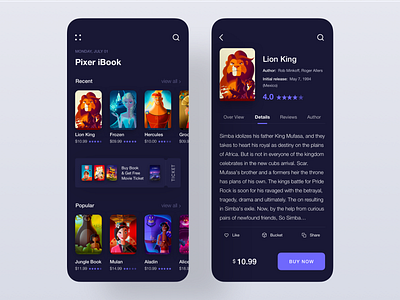 Pixer iBook App. app appdesign book cartoon color dark app dark ui design ebook minimal ui ux