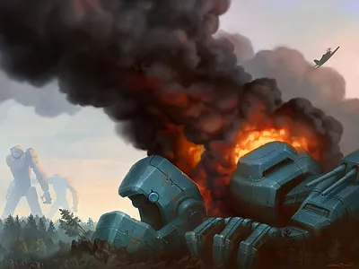 Fallen 2d aleksey litvishkov art bot illustration mecha megamecha skysubmorine smoke