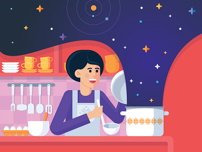 Culinary Universe 2d 2d art art book book illustration cook culinary design editorial editorial illustration graphic art graphic design illustration kitchen pan space universe vector vector art