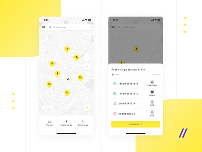 Map & Charge Station Info Screens app car charge ecofriendly ecology electric car figma filter info locations map mark navigation purrweb route station uber uiux vehicle