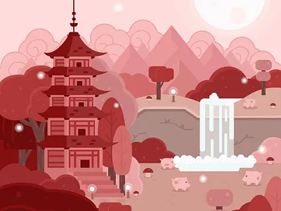 Lunarnewyear adobe illustrator chinese new year fantasy art flatdesign illustration landscape lunar new year pagoda pig vector art