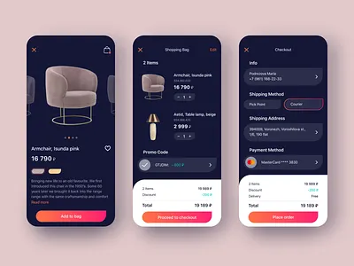 Online Shop App app cart checkout dark mode dark ui furniture ikea items mobile online shop online store order promo code shop shopping bag shopping cart stile ui ux