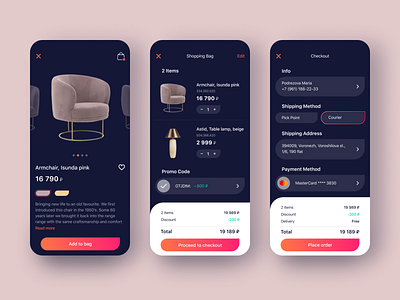 Online Shop App app cart checkout dark mode dark ui furniture ikea items mobile online shop online store order promo code shop shopping bag shopping cart stile ui ux