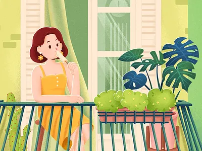 Vacation Home balcony cactus clock curtain dress flowerpot girl icecream illustration lily monstera window