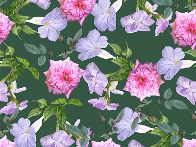 Purple Trumpet and Rose Seamless Pattern card design fabric floral flower greeting illustration invitation nature pink rose seamless textile vector wallpapers website