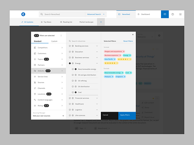 Market Intelligence Platform by Contify · Smart filters app competitive intelligence competitor tracking filter filtering filters flat industry monitoring market intelligence news app news feed ui ui ux user experience user experience design user interface user interface design ux ux design web application