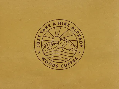 Take a Hike Already badge hike hiking lockup logo merch mountain outdoor patch sunset woods coffee