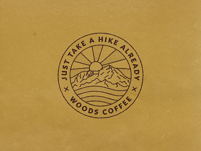 Take a Hike Already badge hike hiking lockup logo merch mountain outdoor patch sunset woods coffee