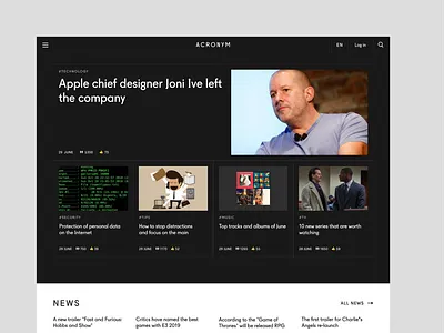 Acronym Magazine Website Concept, Main Page cards dark ui figma flat magazine responsive typography ui ux web website