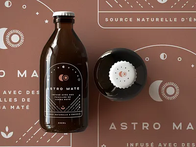 Bottle 1 astral black bottle branding design geometric graphic design icon logo mark moon package planets seal space star sun symbol tea white