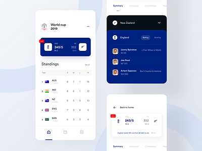 Cricket App - World cup 2019 cricket app cricket match cricket match ui cricket mobile app cricket ui flat ui ios app minimal ui mobile app score app score card score ui scoring ui design watch live app