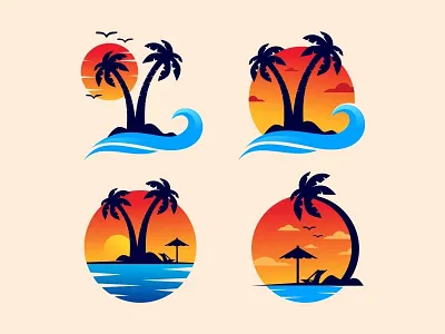 Sunset Logo beach brand branding good vibes gradient icon illustration island logo lounge palm palm tree sunset symbol vector wave logo waves