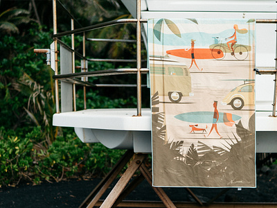 Kama'aina Towel bike dog illustration man palm tree retro surf surfboard towel vintage vw vw bus vw van woman