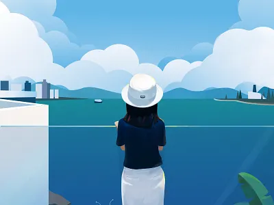 Sea view blue cloud girl harbour city hk illustration sea sky