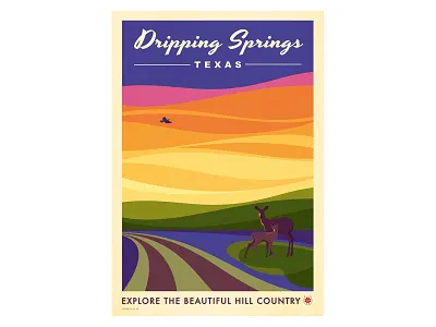 Dripping Springs advertising deer design dripping springs illustration illustrator landscape poster poster art poster design retro retro poster sunset texas travel poster vector vector illustration vintage vintage poster visual design