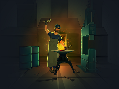 Blacksmith illustration barrel blacksmith cartoon character character art colorful dark design fire glasses hammer hat illustration man pressure tools