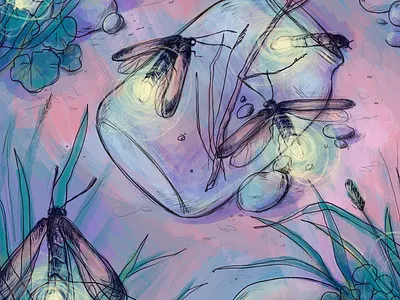 Fireflies animals bugs childhood childrens illustration digital digital art digital illustration drawing evening fireflies illustration jar leaves light nature night sketch summer