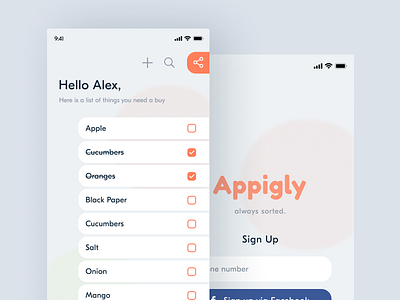Mobile App - Appigly Todo App for Your Family Shopping. app apple branding eccomerce ios ios app iphone x logo marketplace mobile app mobile app design mobile ui orange sell shopping ui uidesign ux uxlab wireframing