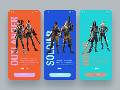 Daily UI Challenge #064 Select User Type app blue card carousel character daily ui dailyui design fortnite game heroes ios iphone mobile orange select select user type simple ui