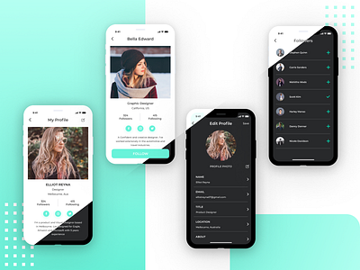 Profile Page dark mode dark theme dark ui design followers gradiant ios app design iosapp mobile app profile profile design profile page social media profile ui ux ui design user profile white and black