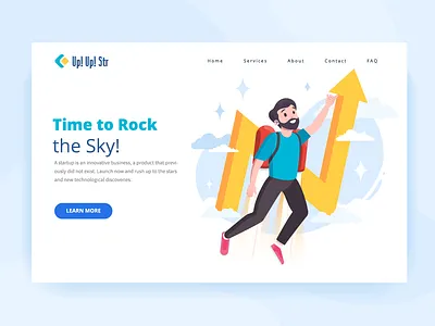 Time to rock arrow banner boy character first screen illustration jetpack sky startup ui vector