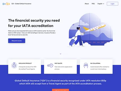 Landing page for GDI - Financial Security for Travel Agents airplane airport blue cards cta design desktop graphics icons illustration insurance landing landingpage login plane travel ui ux website