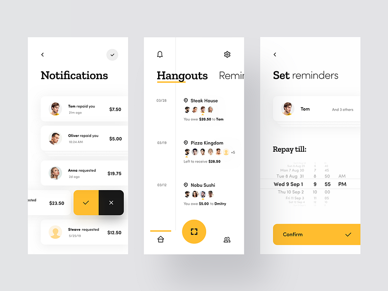 Split Pay in Restaurant app black clean concept design food interface ios iphone minimal mobile notifications pay receipt reminder restaurant timeline ui ux yellow