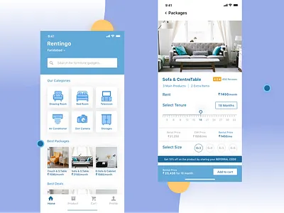 Rentingo-Online Rent Furniture add to cart app appliances cabinet clean couch deals earn ecommerce furniture ios app minimal offers refer rent rental app sofa ui ux