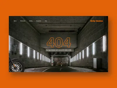 Harley Davidson 404 404 classic color contrast dailyui dailyui008 dark design garage harley davidson lights manly motorbike motorcycle oops orange parking simple ui web