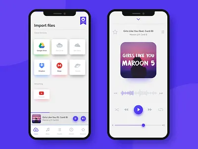 Music Cloud app audio clear cloud design dropbox google drive import mobile music play song ui youtube