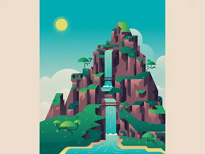 Waterfall flat illustration landscape mountain waterfall