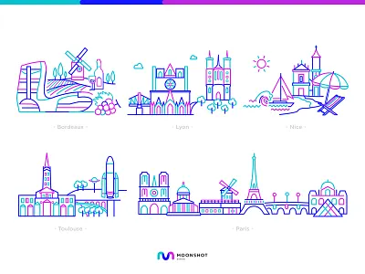 Cities In France Illustrations bordeaux branding city flat france icon set illustration line art lyon nice outline paris pictogram three color toulouse travel trip ui vector web design