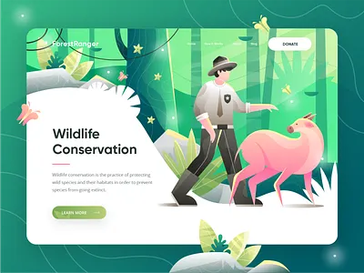 ForestRanger - Animal Conservation Landing Page adobe illustrator animal animal conservation animal illustration donation forest green header hero illustration homepage illustration jungle landing page sketch ui uiux website