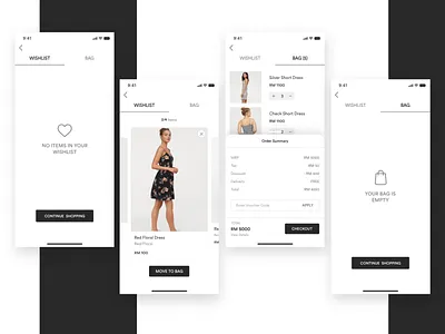Fashion - e commerce app add to bag add to cart app branding cart checkout e commerce ecommerce app ecommerce design elegant fashion app luxury brand mobile order summary product ronak chhatwal shop app shopping app store wishlist